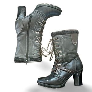 Y2K Black Grey Brown Leather Lace-Up Heeled Boots | Moto Western Grunge Size 38